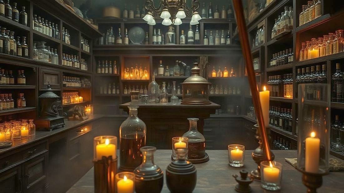 Laboratory set of The Perfumer — copper stills and glass